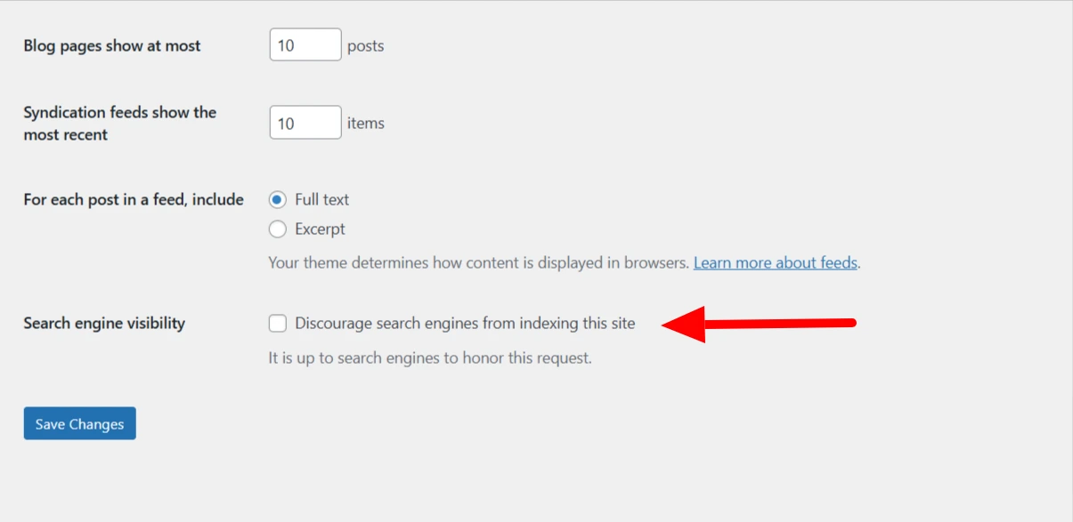 uncheck discourage search engines checkbox