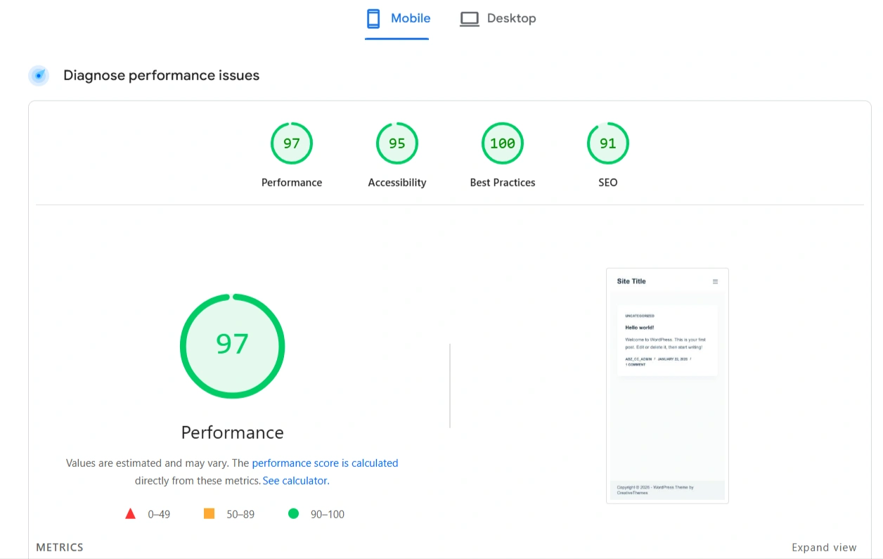 blocksy page speed insight