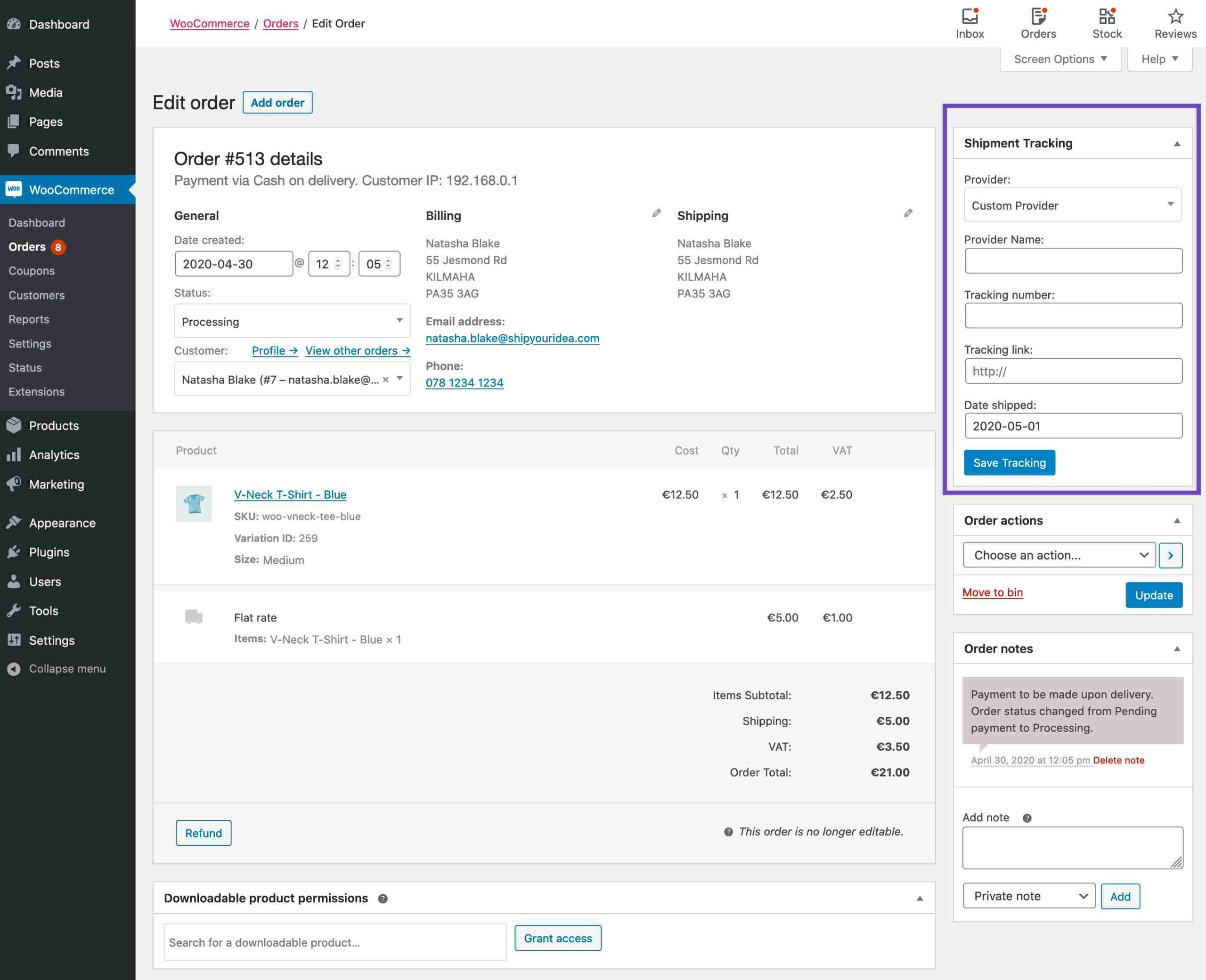Shipment tracking meta box order view