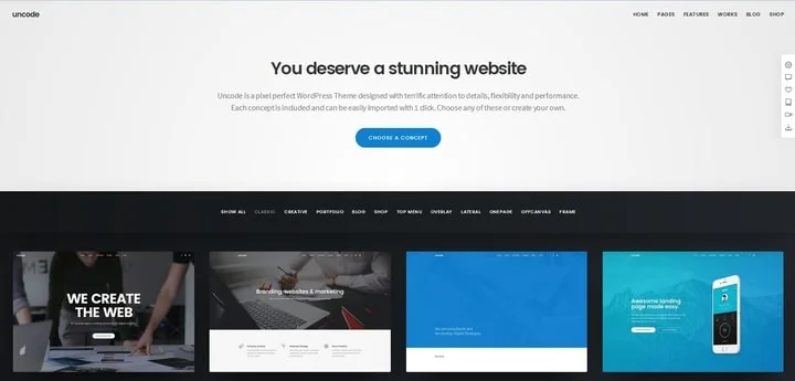 Uncode WordPress theme with a Slider