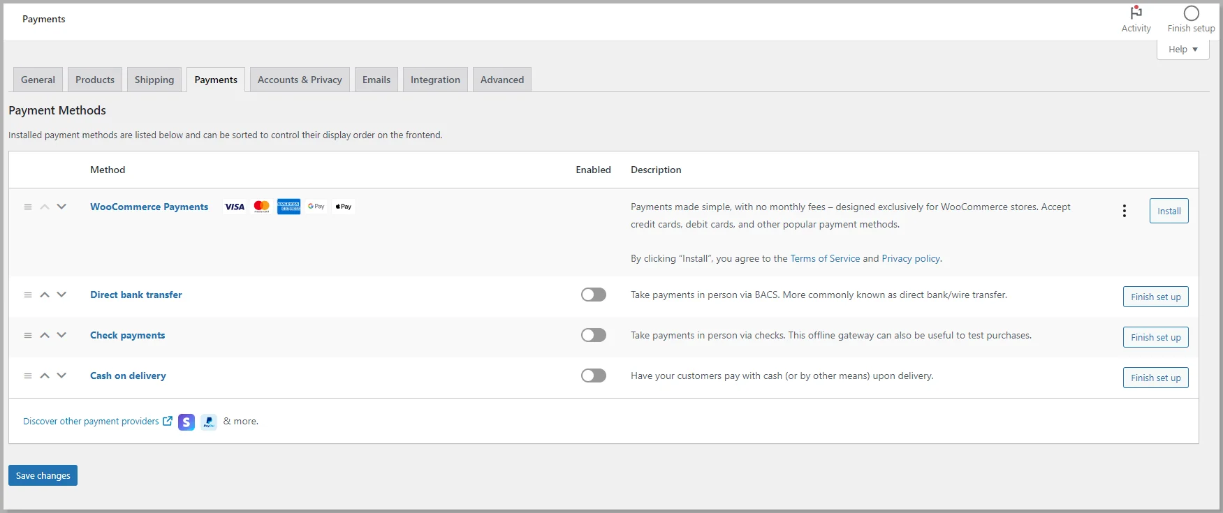 Payments WooCommerce settings