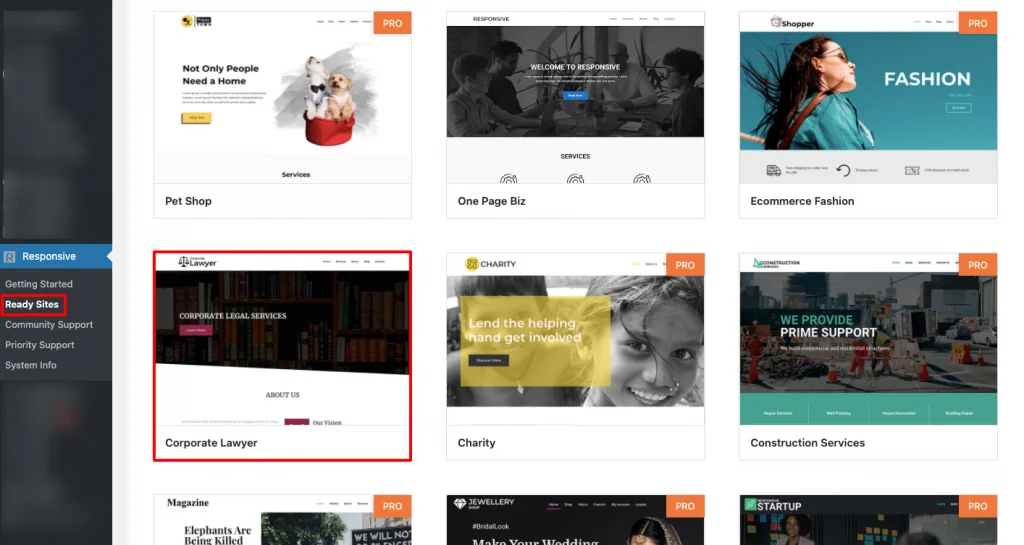 Go to Ready Sites Menu & Search Corporate Lawyer