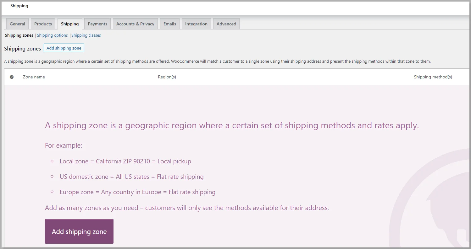 Shipping WooCommerce settings