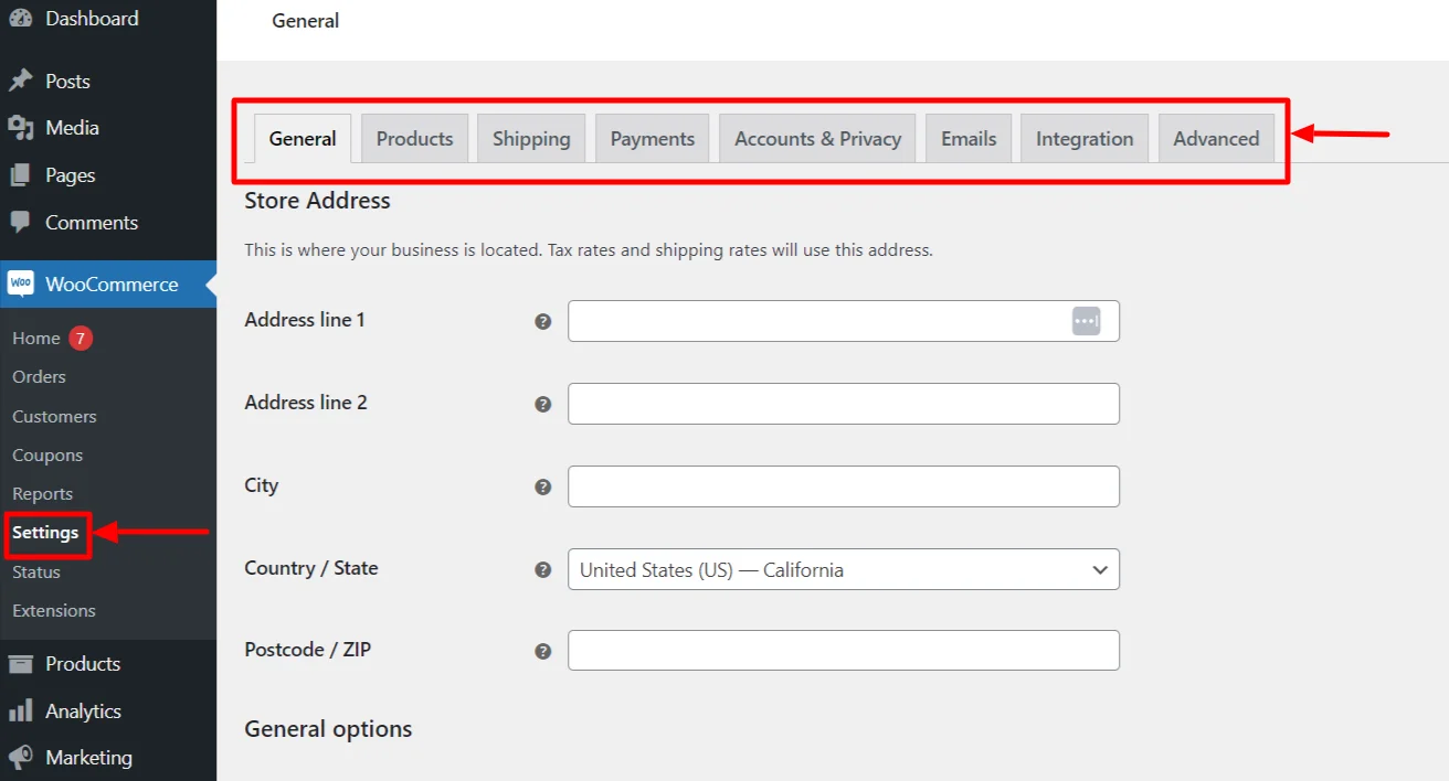WooCommerce settings