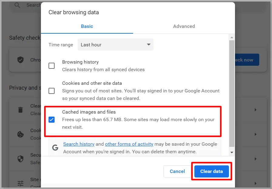 Clear cached data in Google Chrome