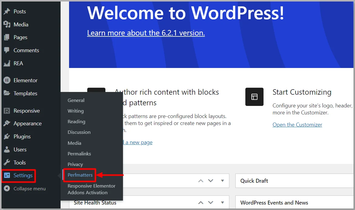 Perfmatters plugin options in WordPress dashboard