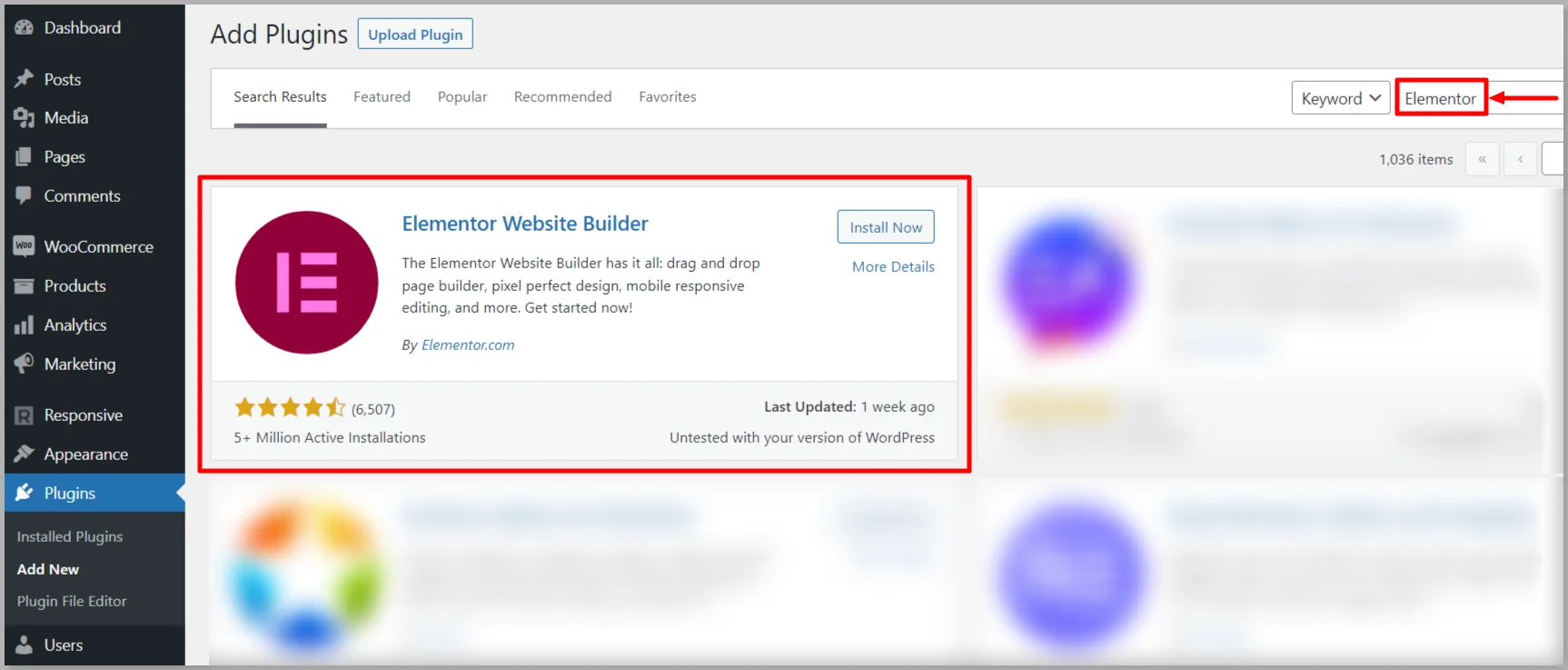 Search for Elementor in the search bar