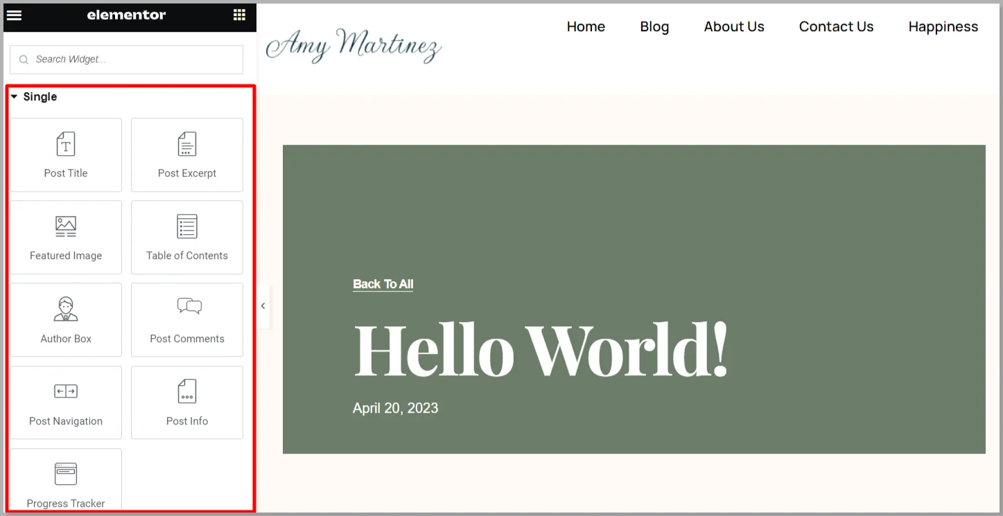Edit Single post template with Elementor customization options 