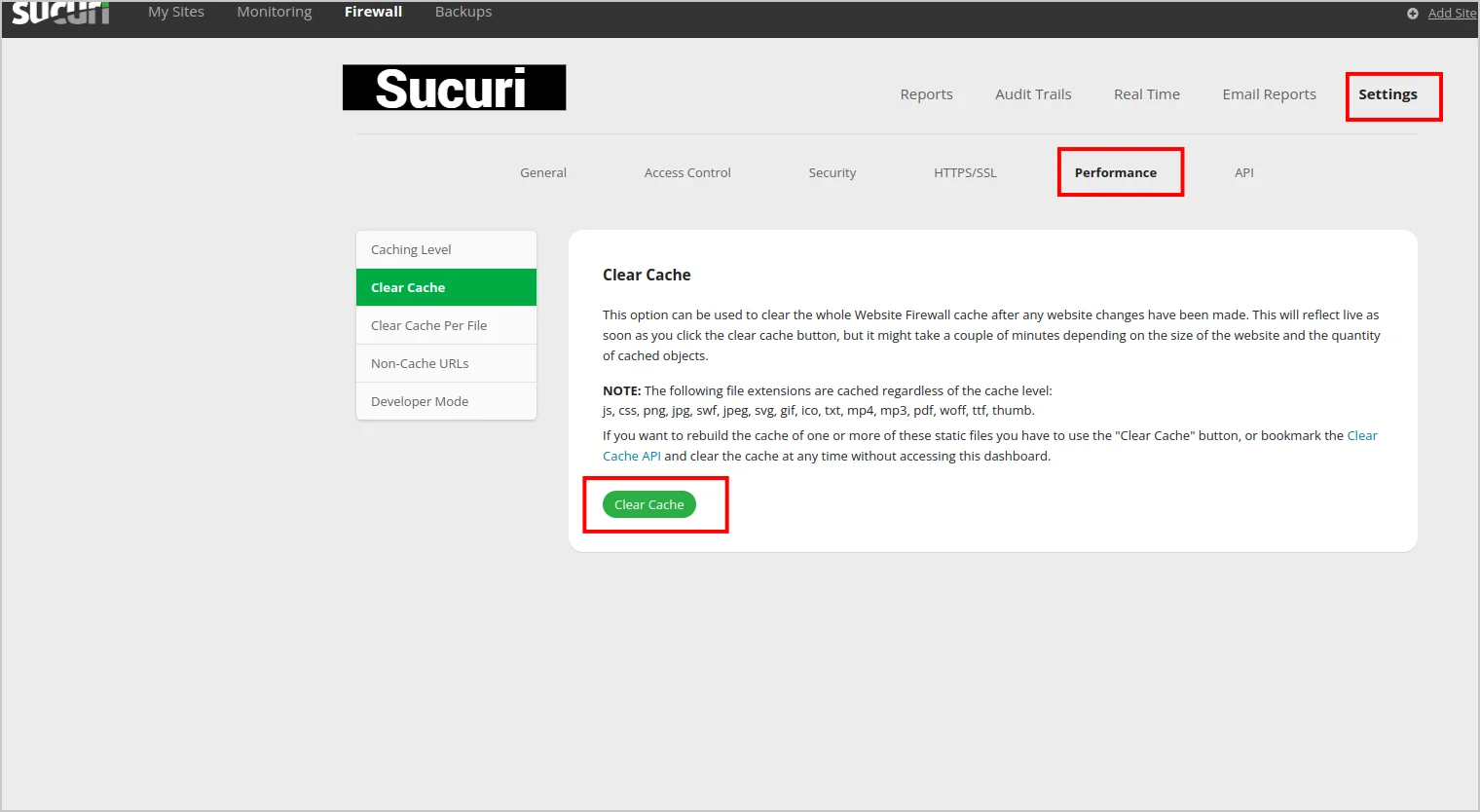 Clear cache in Sucuri firewall