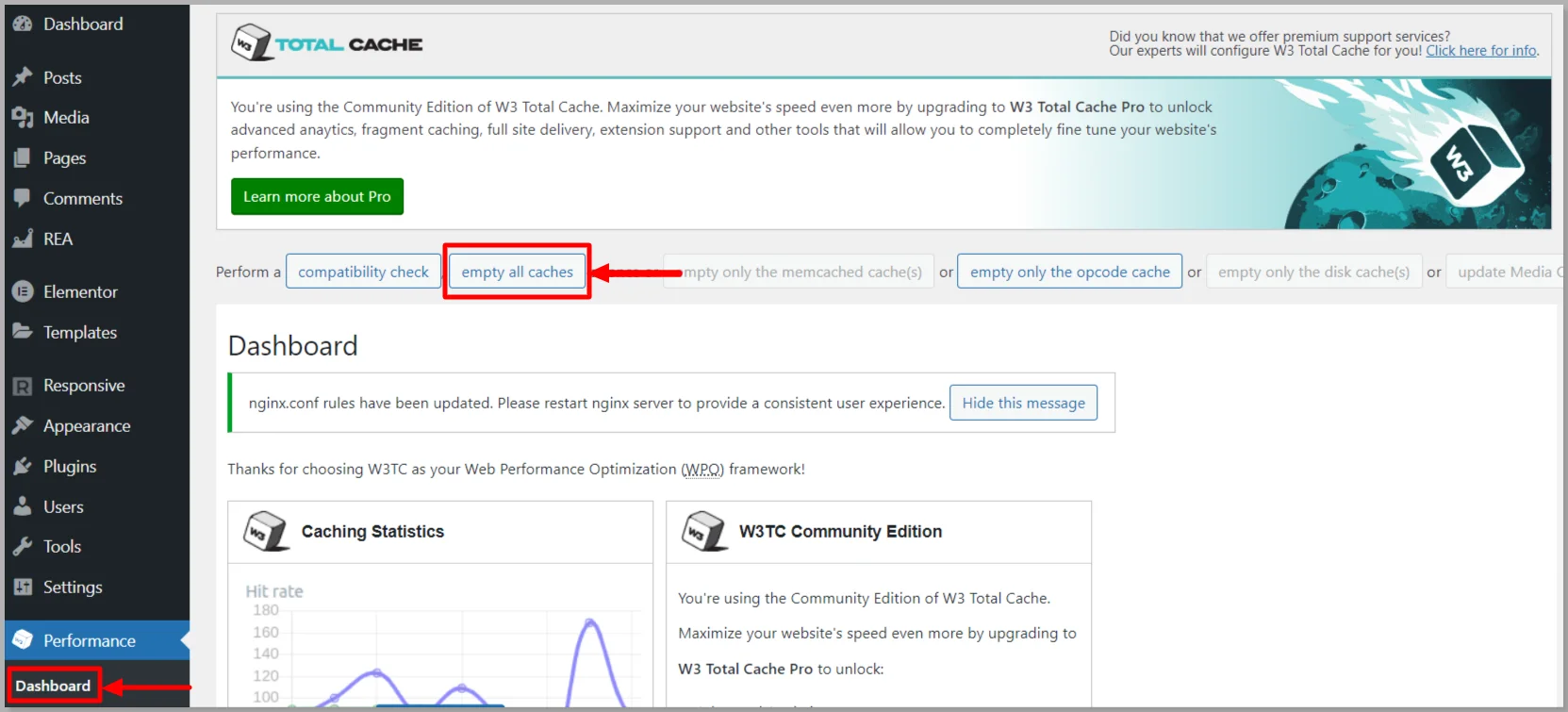 Clear cache in WordPress with W3 Total plugin