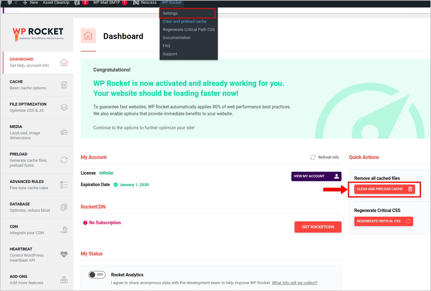 Clear cache using WP Rocket plugin