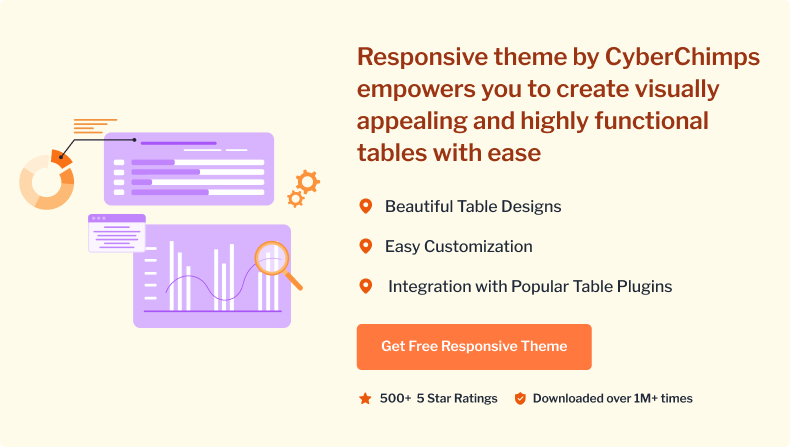 Responsive theme by CyberChimpsempowers you to create visuallyappealing and highly functionaltables with ease