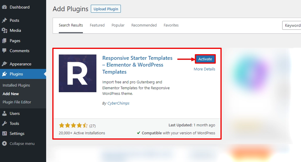 Activate Responsive Starter Templates plugin