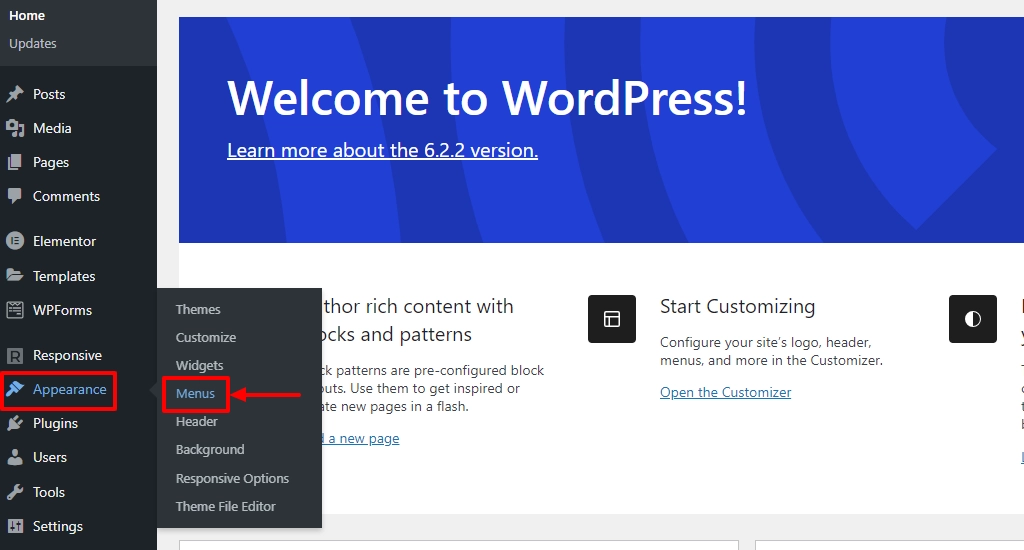 Select menus from dashboard