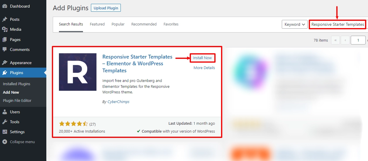 Install Responsive Starter Templates plugin - A website essential