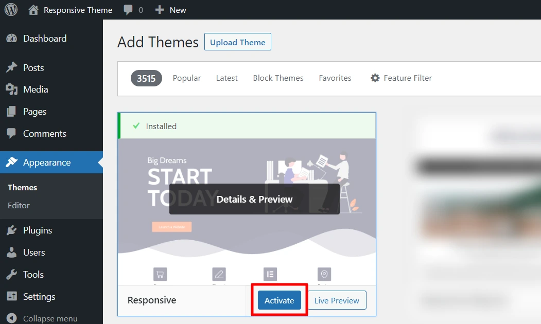Activate Responsive theme - A website essential