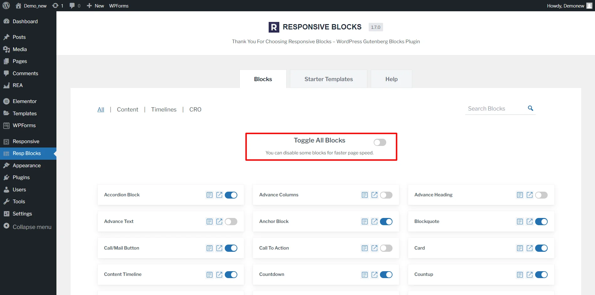 toggle on and off button for all Responsive blocks