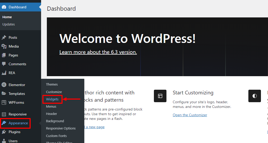 Select widgets option from WordPress dashboard
