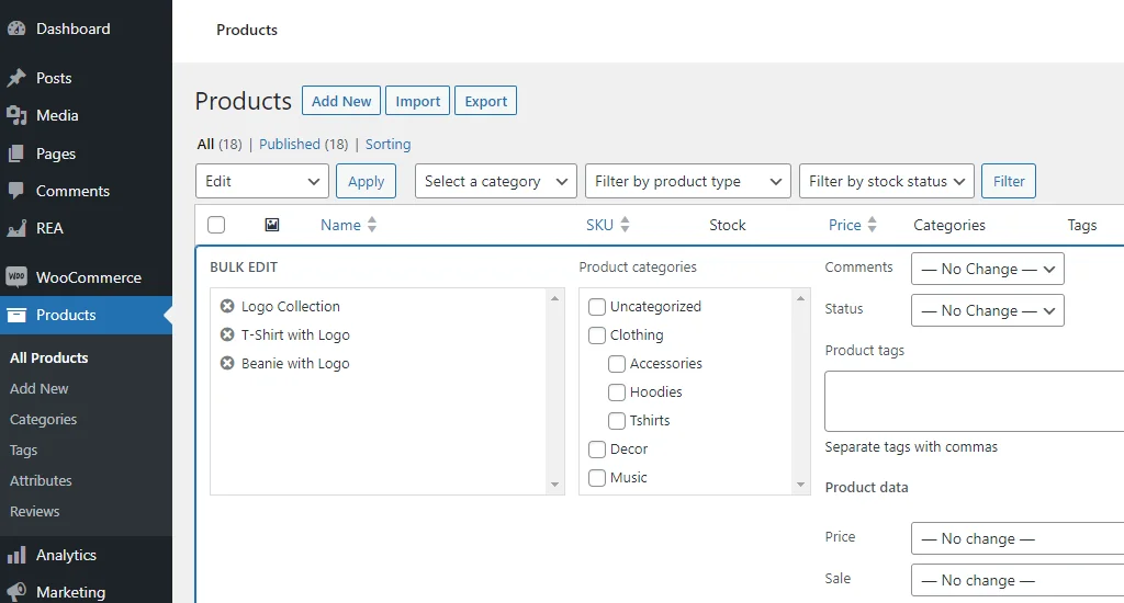 WooCommerce products bulk edit options
