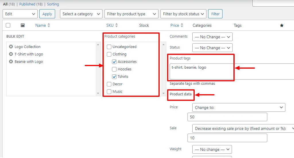 Making changes will bulk edit all the selected WooCommerce products