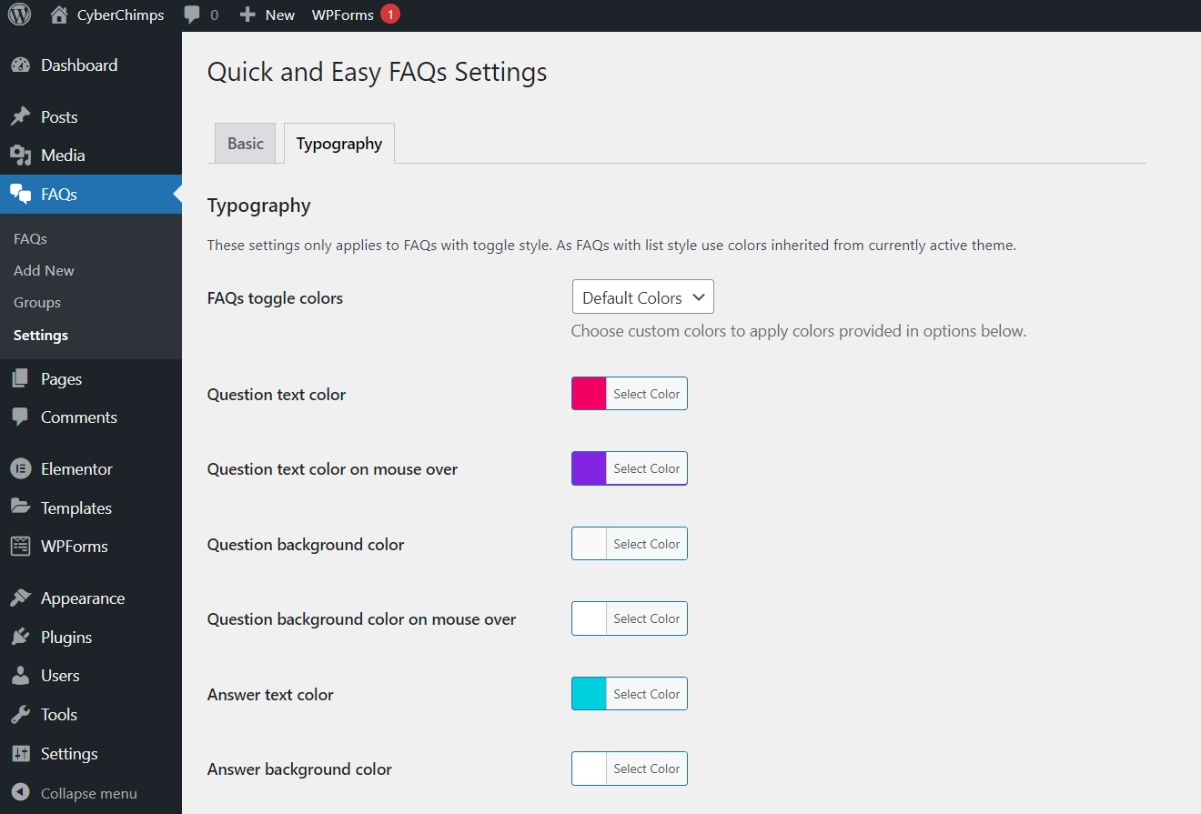 WordPress FAQ plugins settings