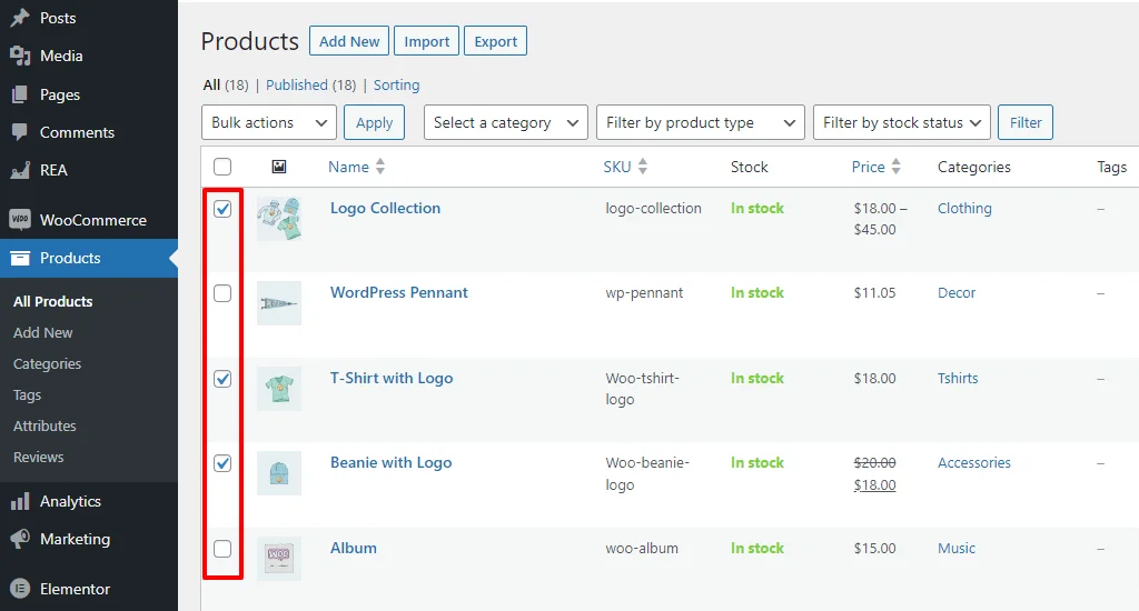 Select the WooCommerce products for bulk editing