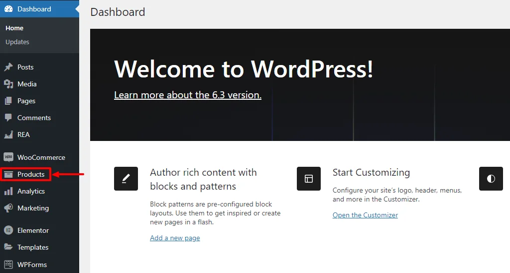 WooCommerce products menu in WordPress dashboard