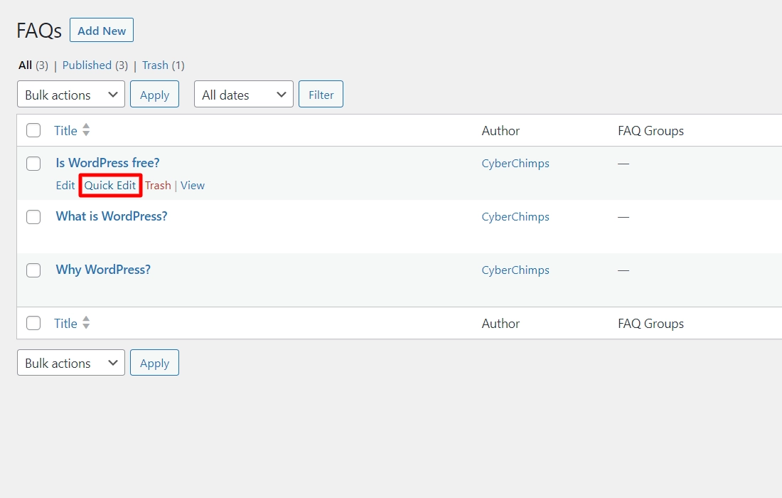 Quick edit WordPress FAQ Plugins
