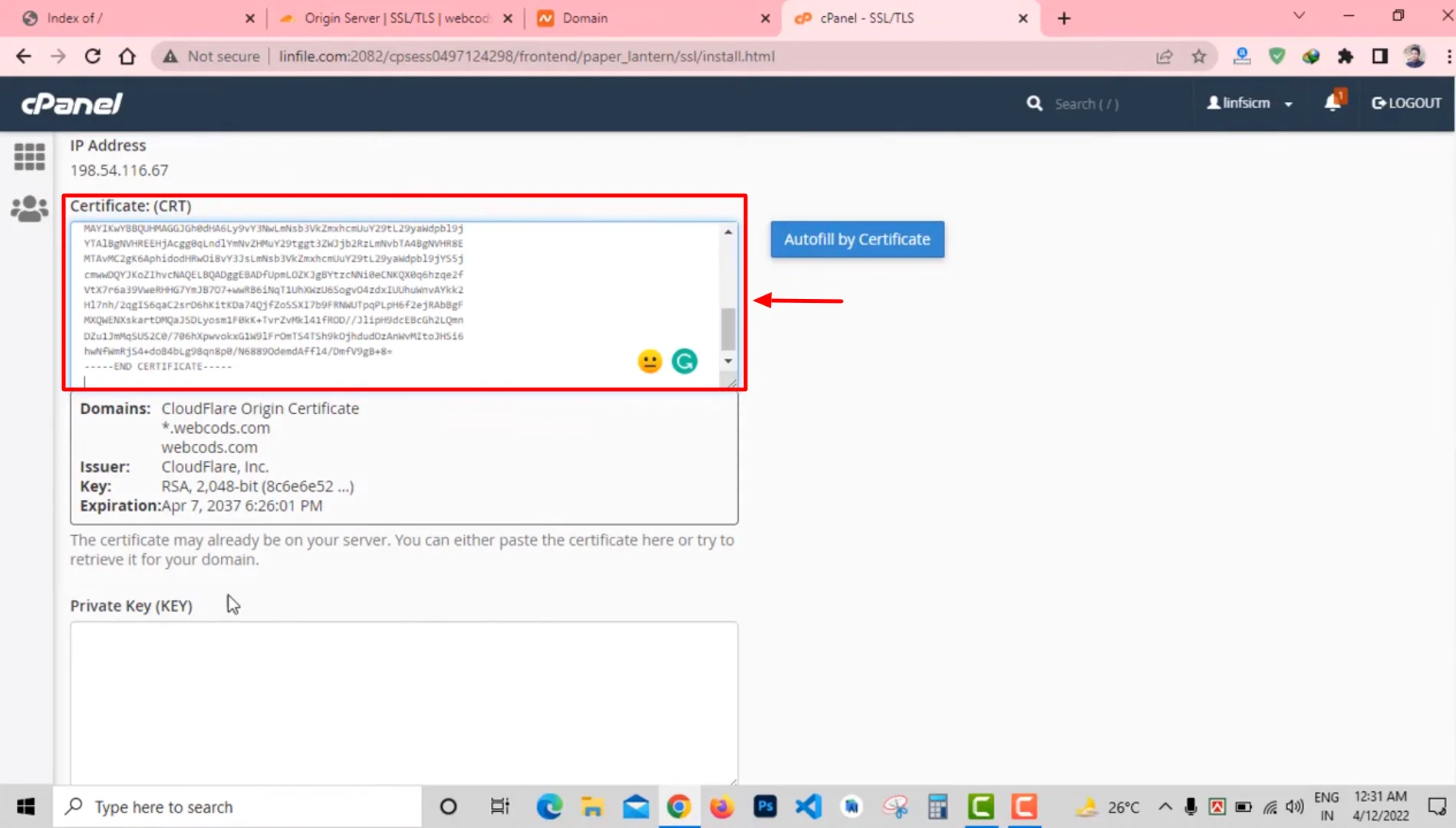Paste the copied Origin Certificate