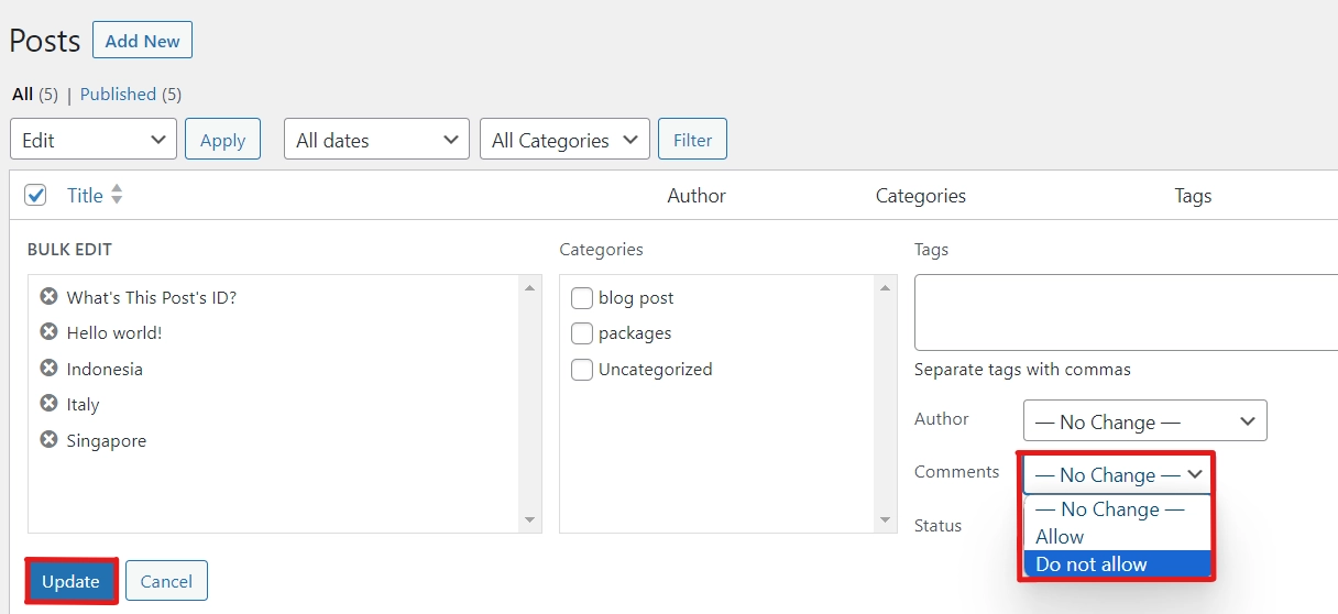 Bulk edit to disable comments for multiple posts
