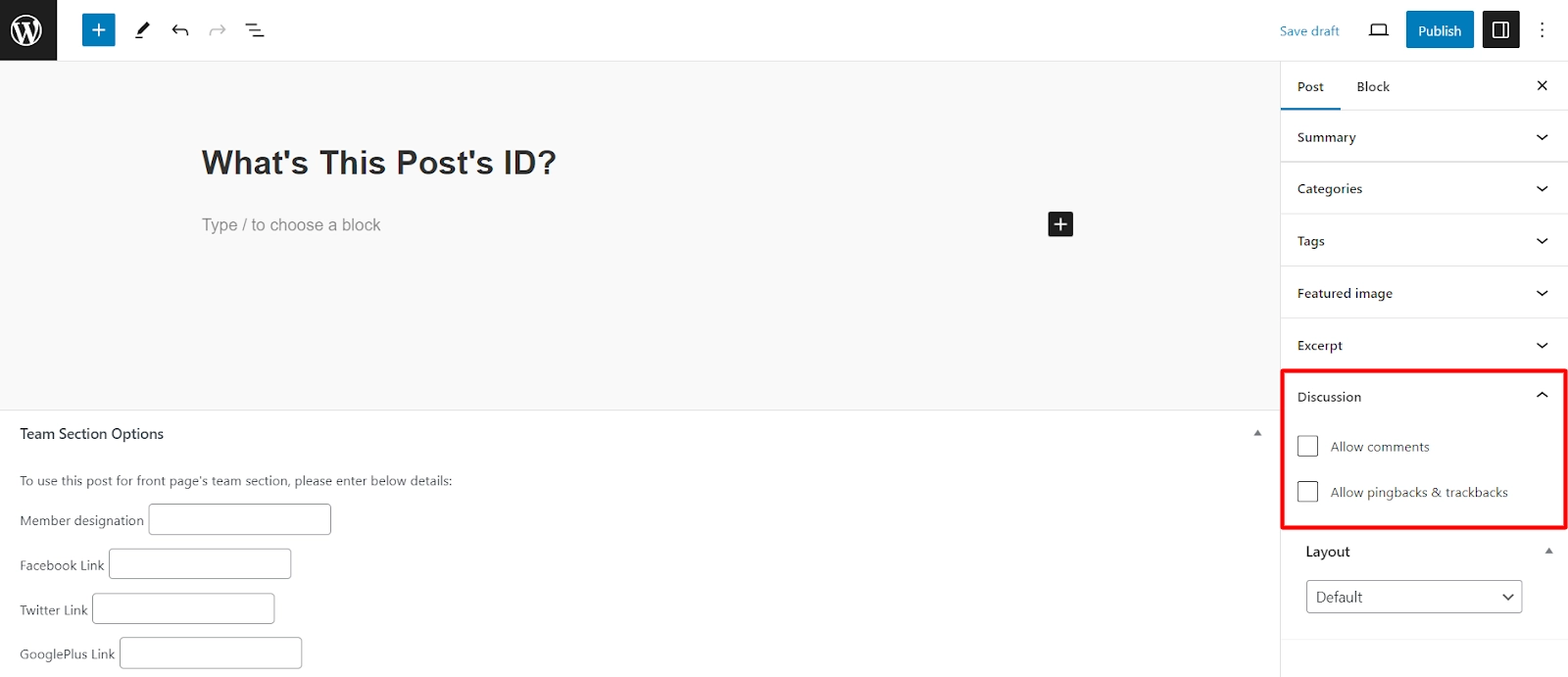 Under Discussion settings, disable comments