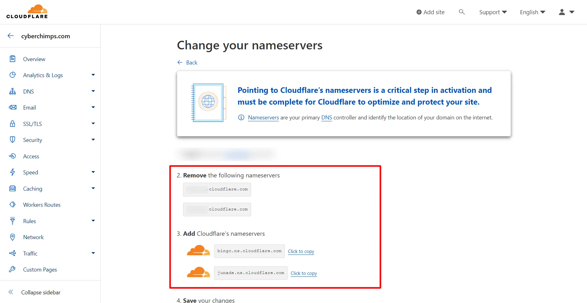 Change nameservers in Cloudflare