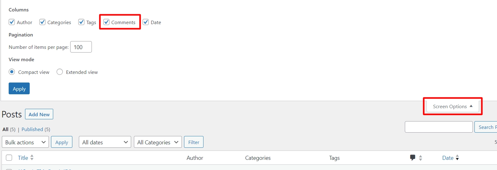 Under Screen options, enable comments