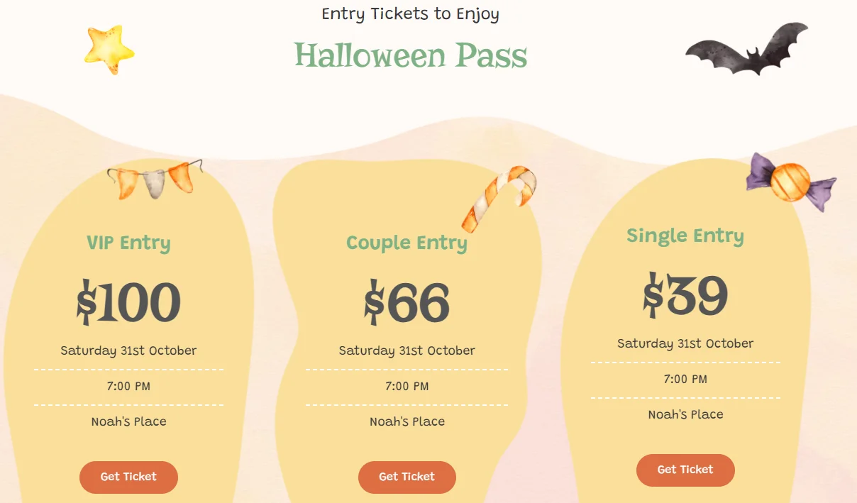 Halloween party tickets page
