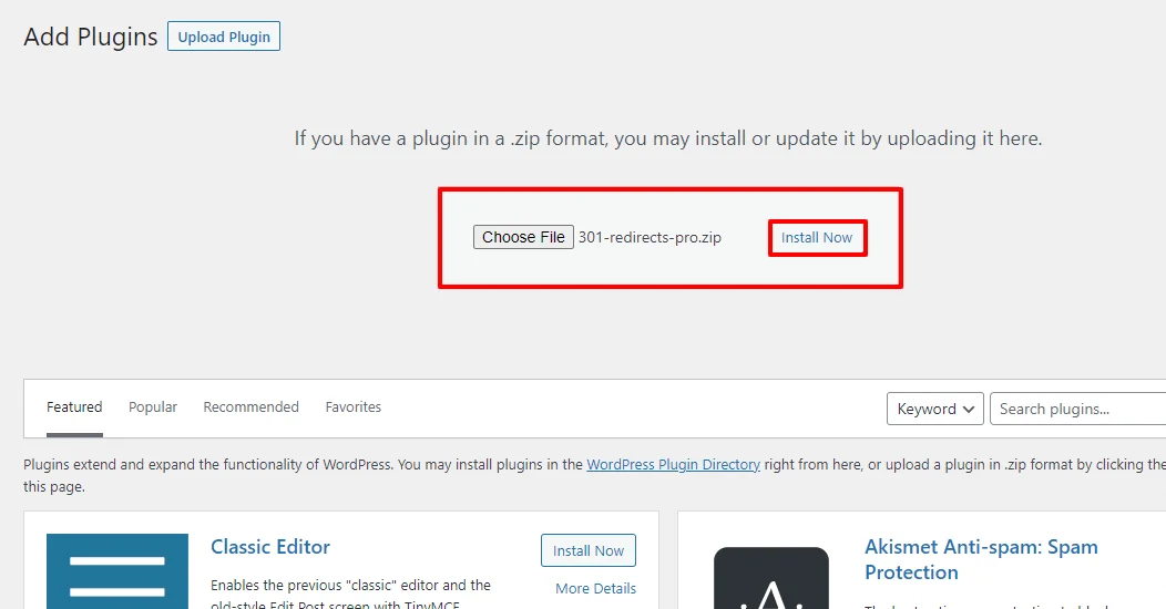 Upload and Install WP 301 redirects plugin