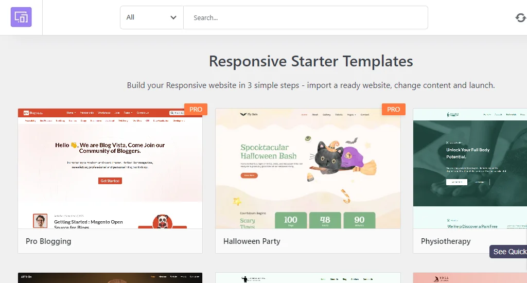 List of templates by Responsive Starter Templates plugin