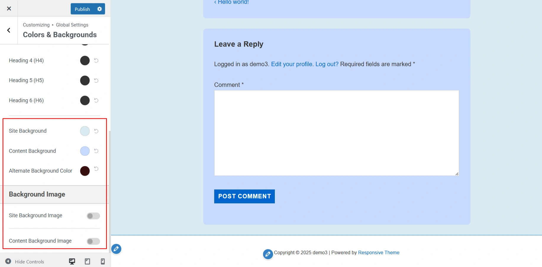 Responsive Theme - Global Settings (colours and backgrounds)