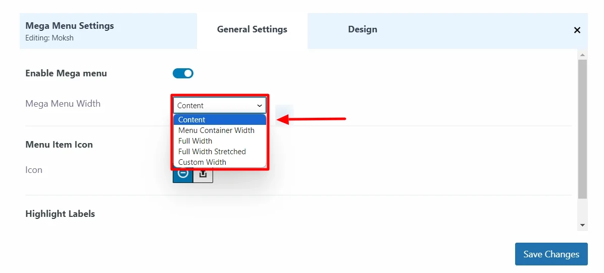 Setting Mega menu width