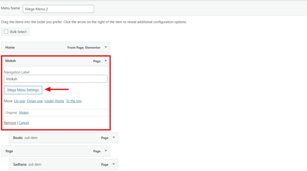 Clicking on mega menu settings