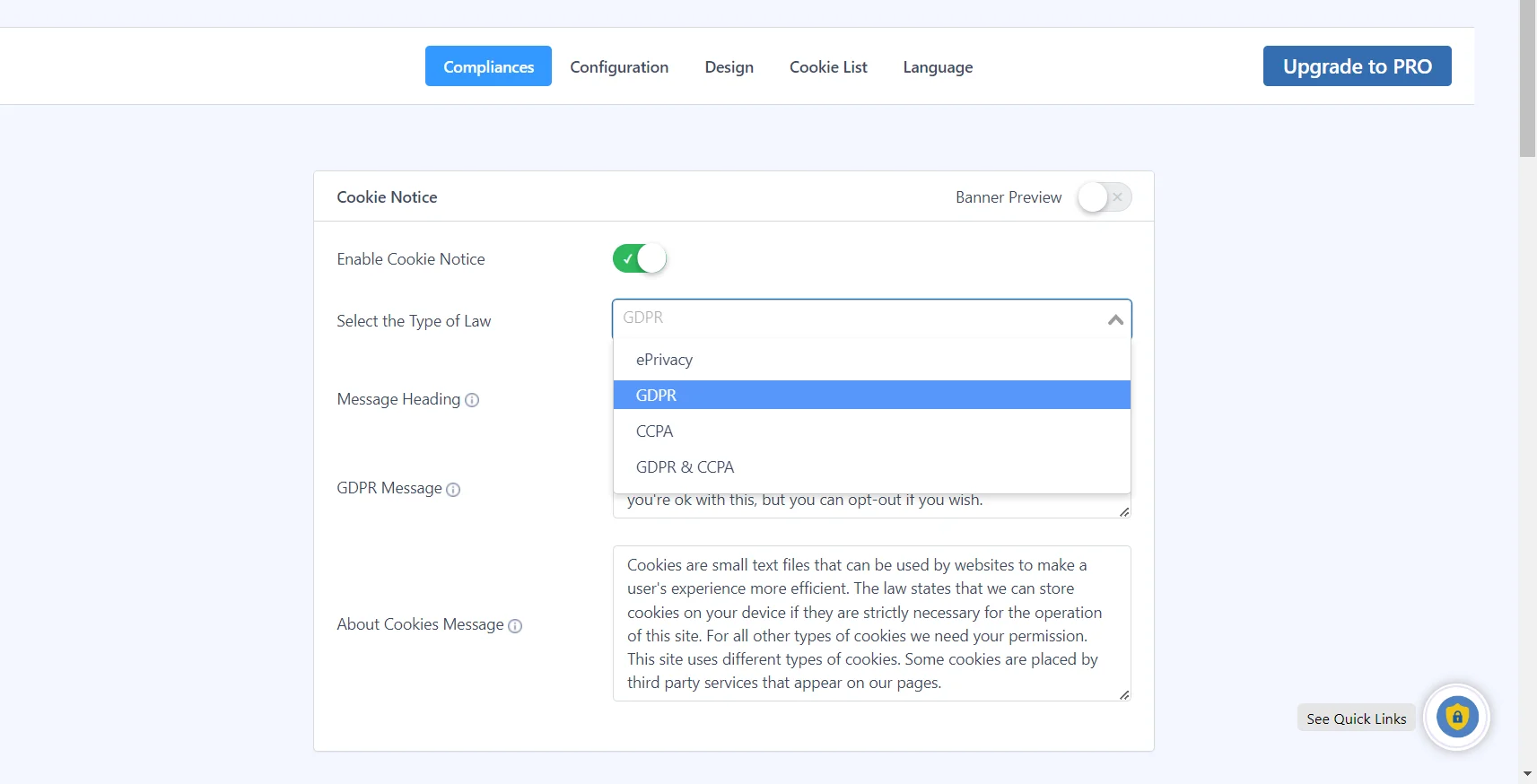 Compliances Tab- WP Cookie Consent Plugin