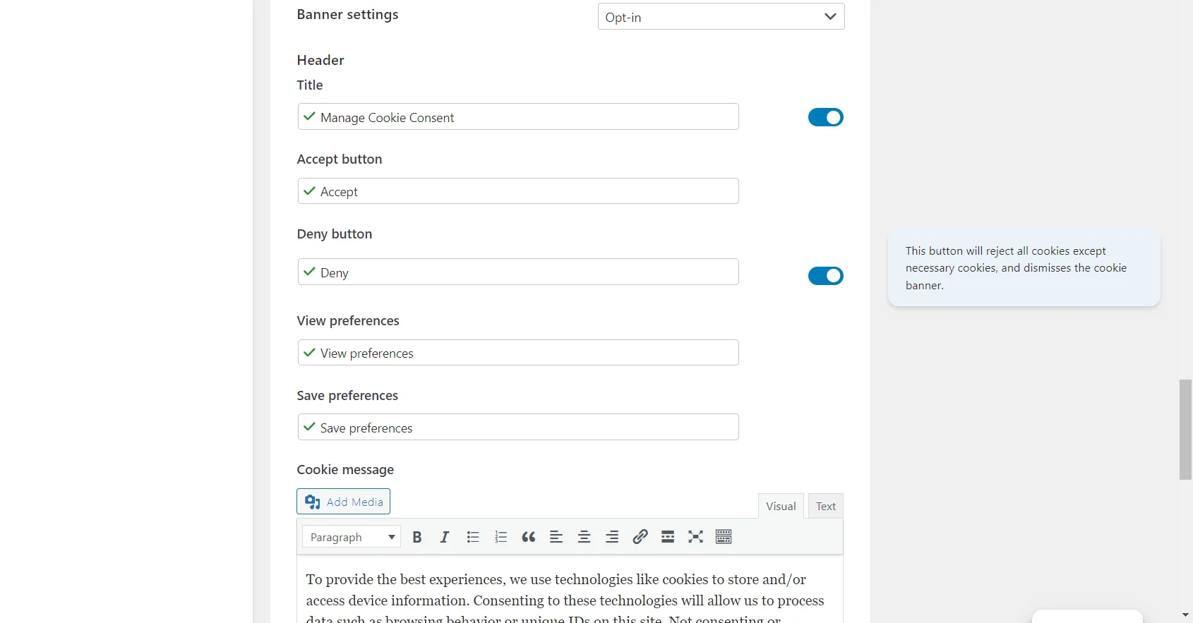 Banner settings- Complianz Plugin