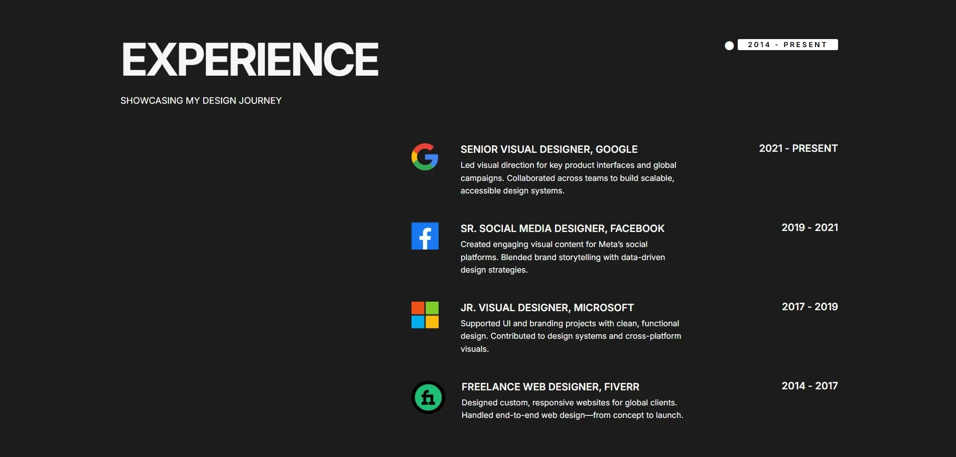 One page CV - Work experience section