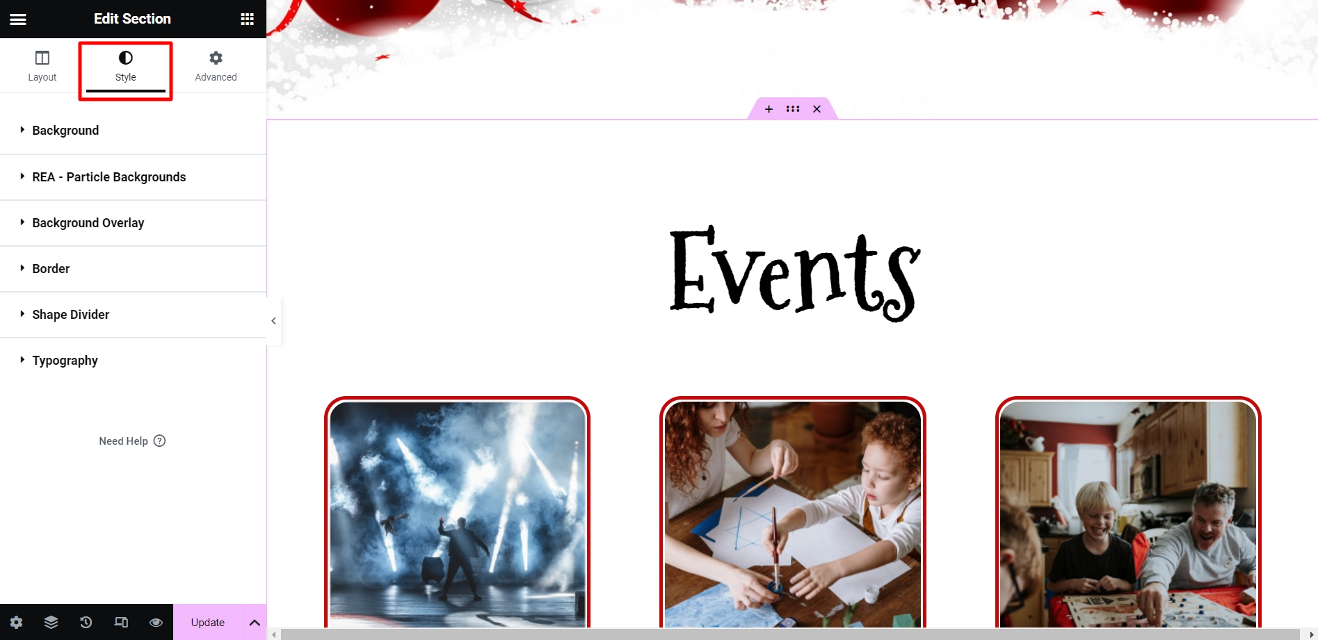 Clicking on Style tab in edit section