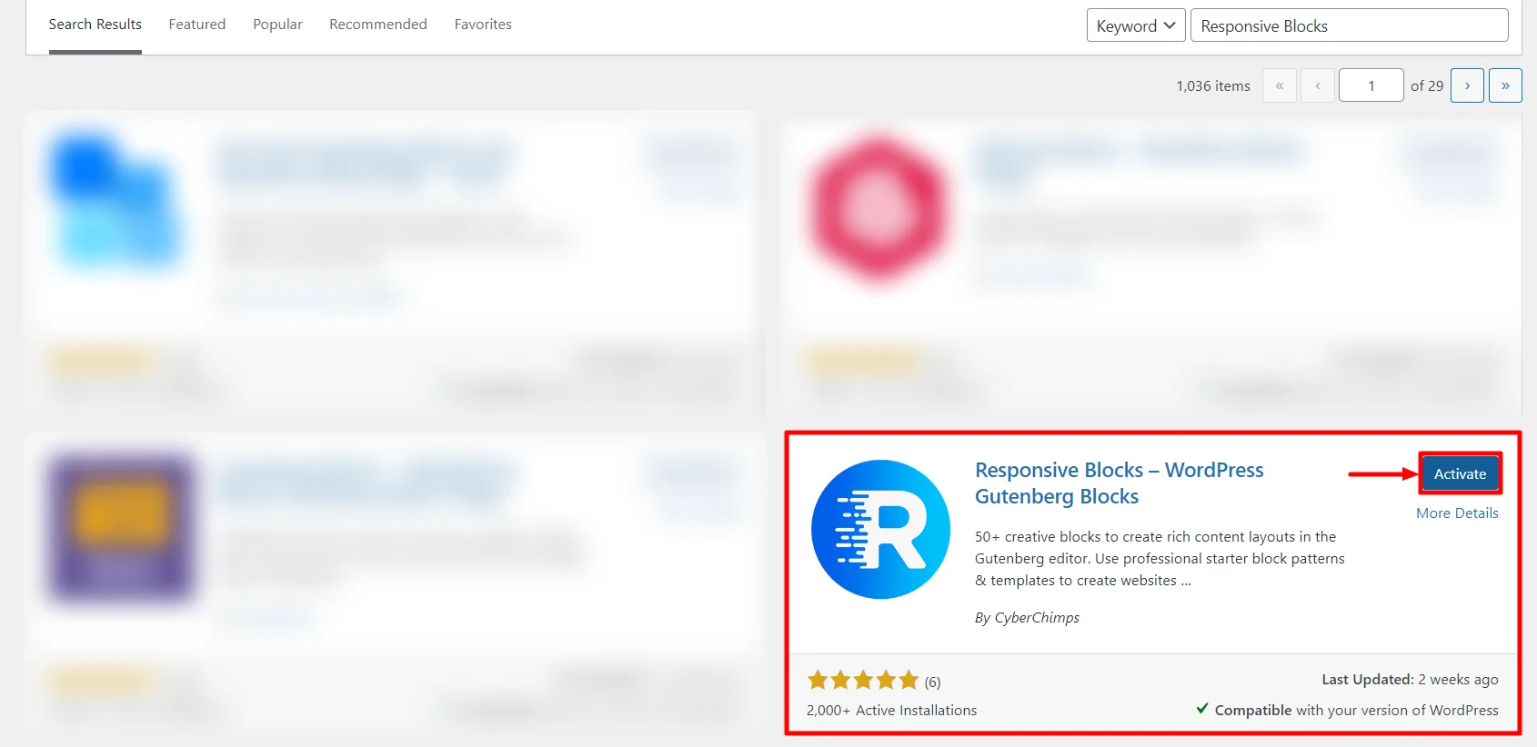 Activating Responsive Blocks plugin