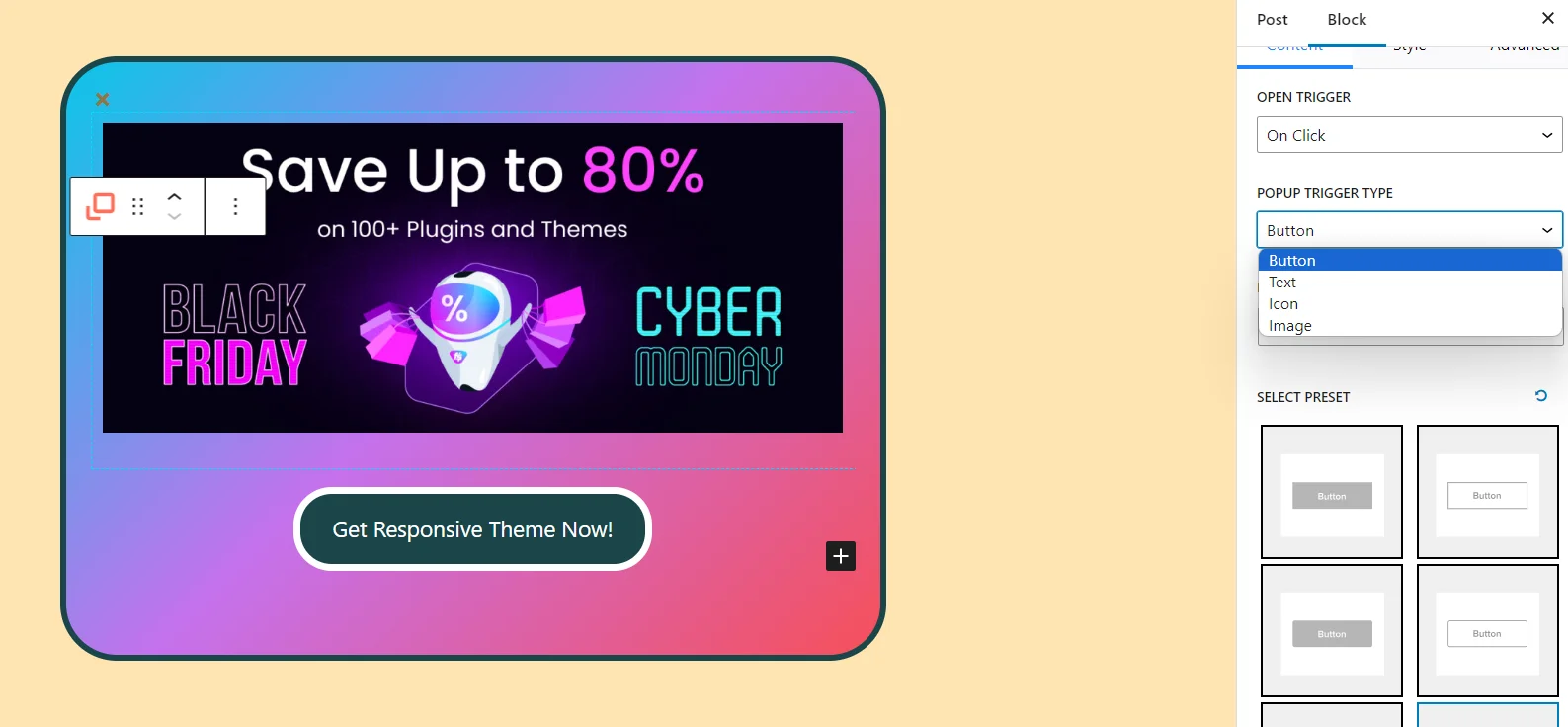 Popup trigger type like button