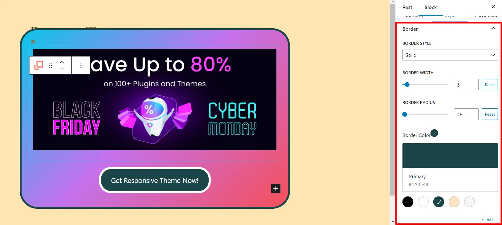 Changing border style, radius and width of popup