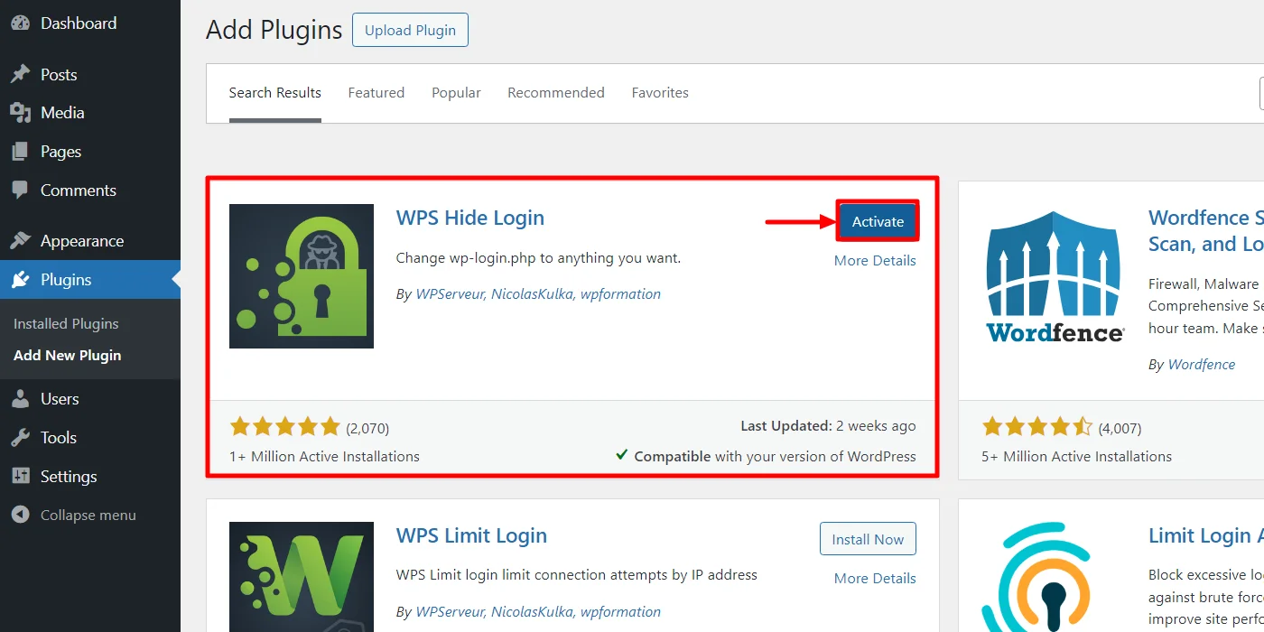 Activating WPS hide login plugin