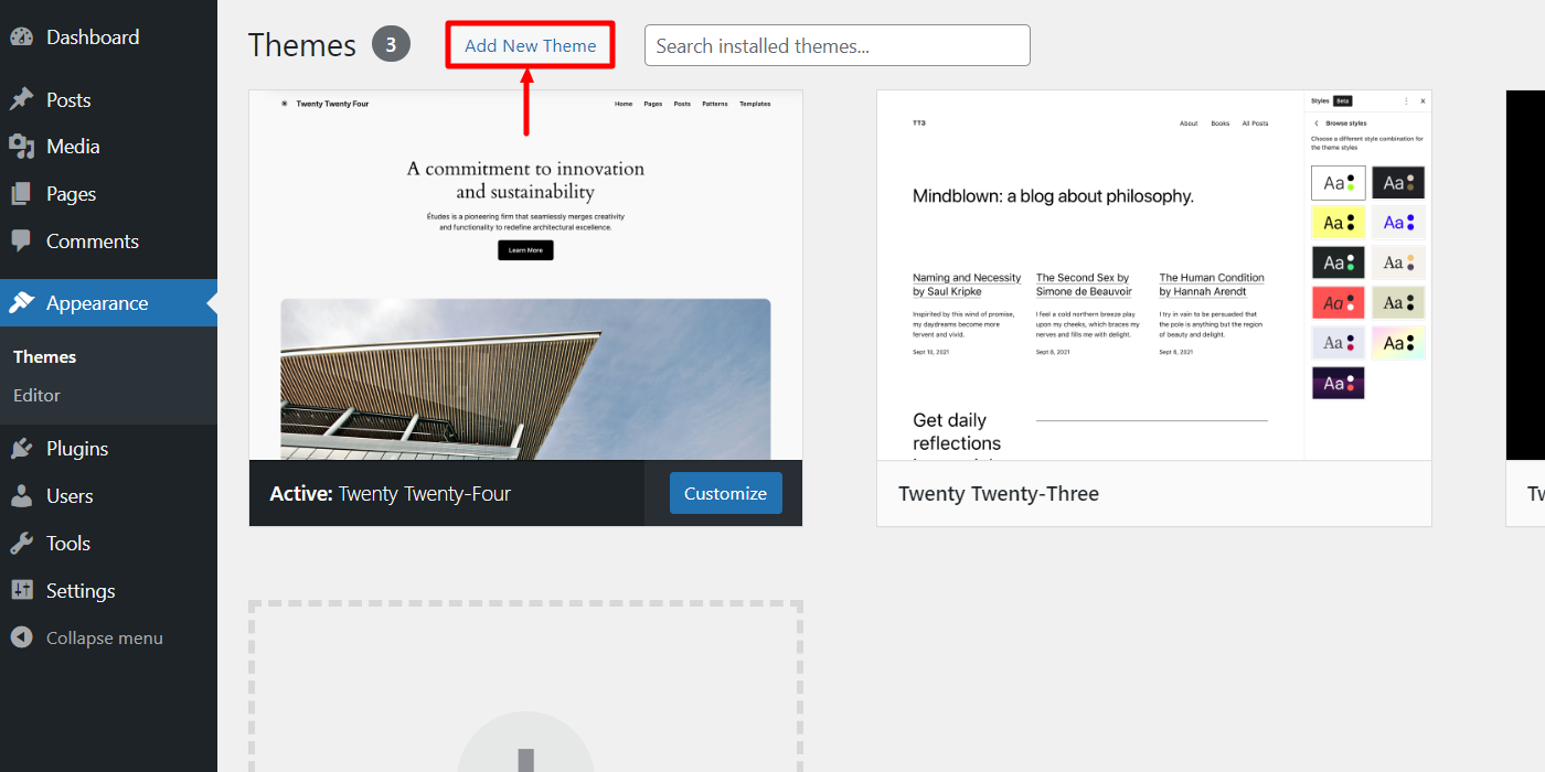 Clicking on add new theme 
