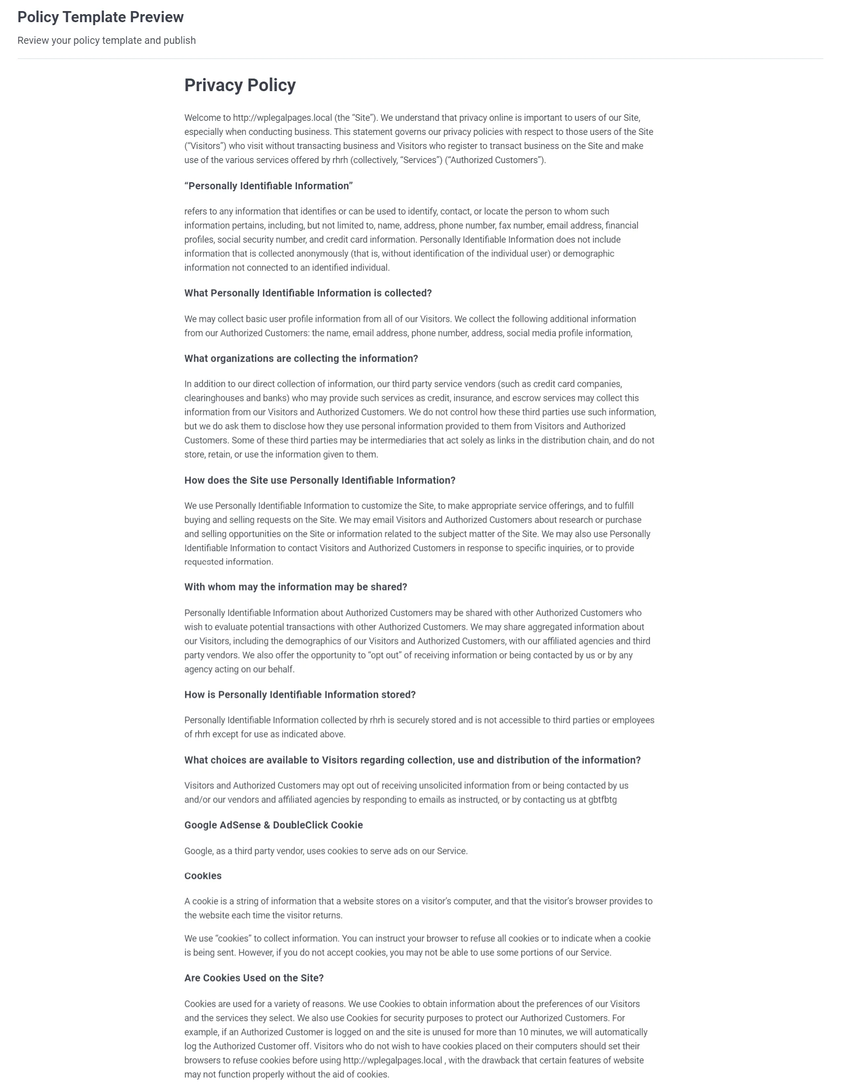 WPLegalPages policy template preview.
