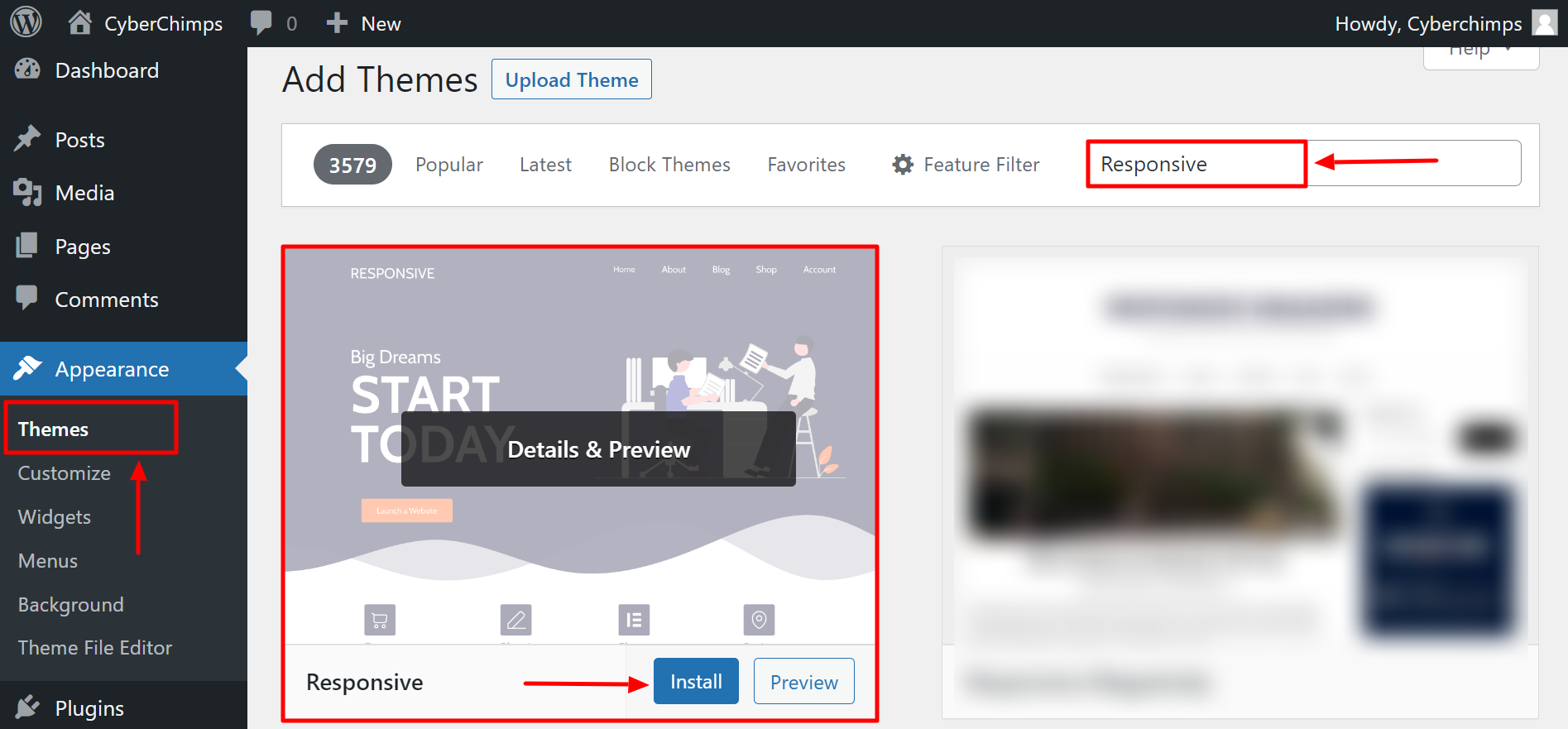 Navigating to appearance>themes and installing the responsive theme